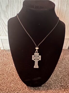 Silver Celtic Cross Pendant Necklace - Black Cord